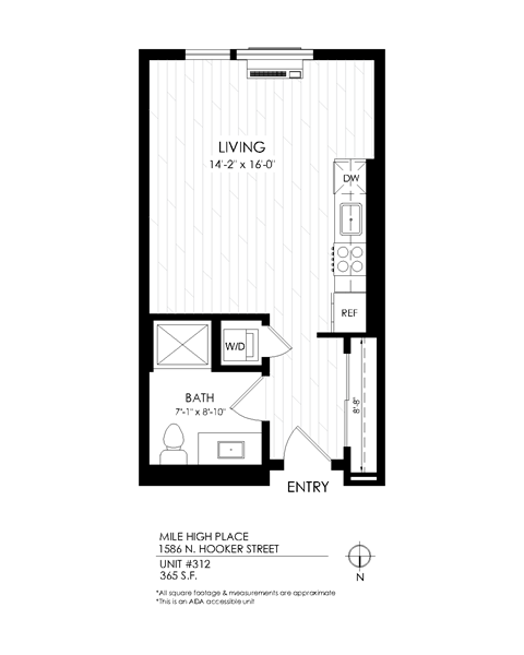 Floor plan for studio, 1 bath, 420 sqft